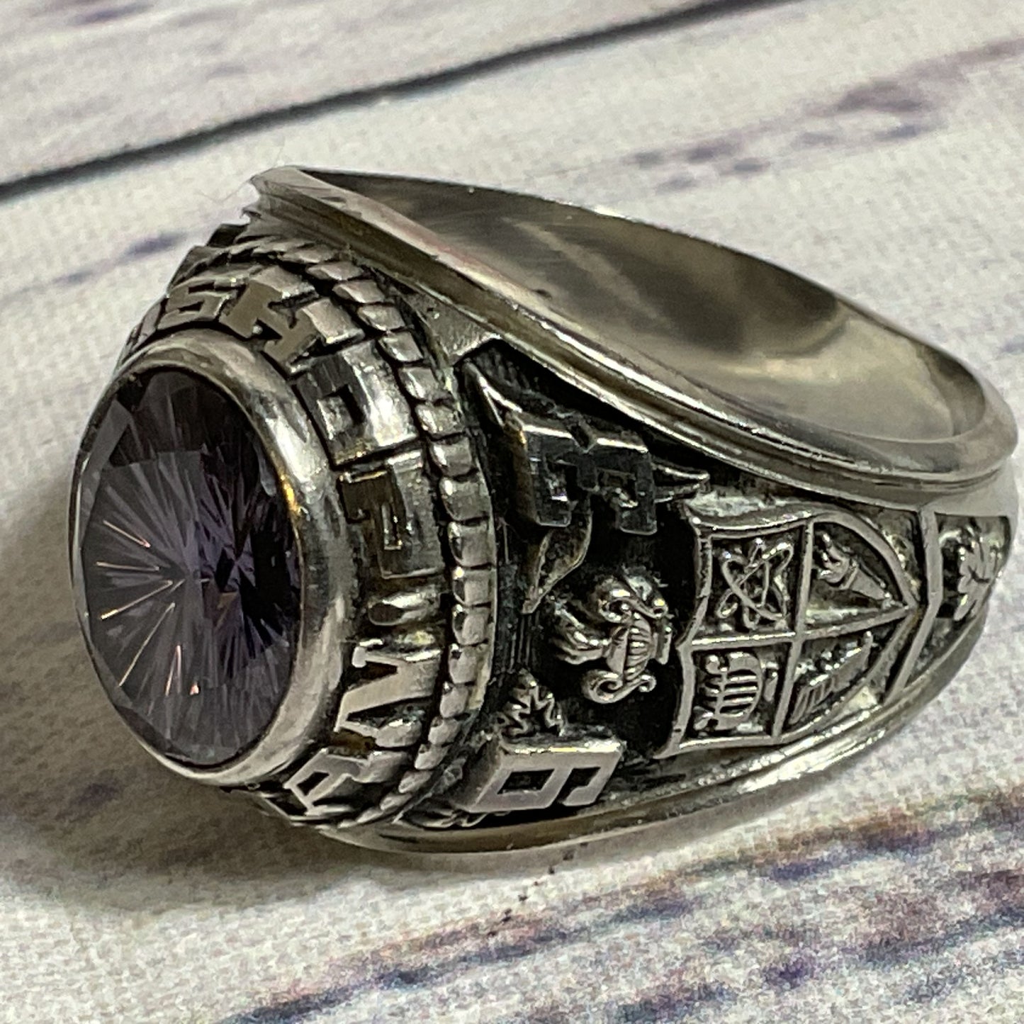 JOSTENS LTM Silver Tone & 10mm Lavender Sapphire Gorman Bishop Class Ring SZ 8.5