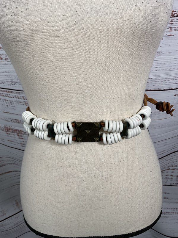 Vintage Saks Fifth Avenue White Beaded Square Buckle Leather Tie Belt
