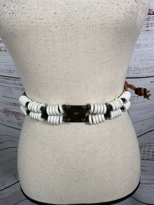 Vintage Saks Fifth Avenue White Beaded Square Buckle Leather Tie Belt