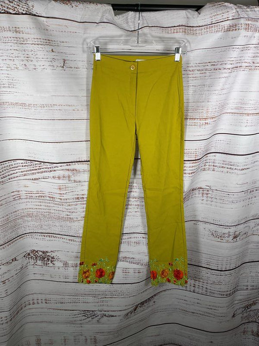 Vintage Creme Paris Women's Chartreuse Rose Embroidered Pants Size 1 France