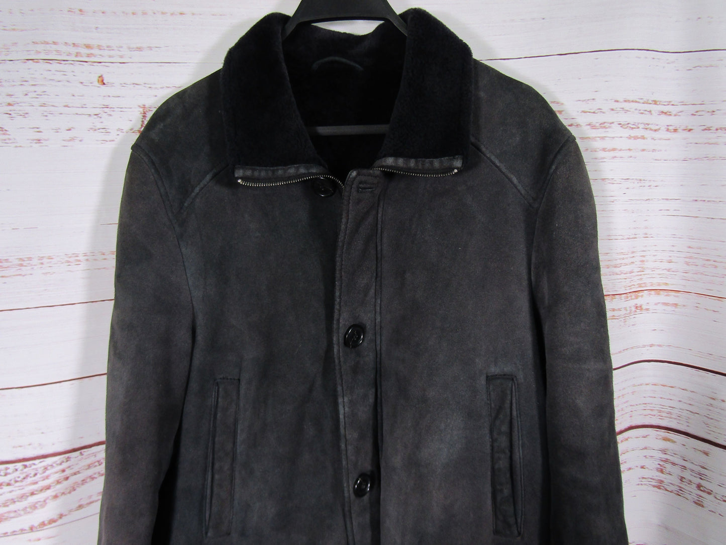Cole Haan Men's Distressed Black Suede Faux Shearling Jacket Size S