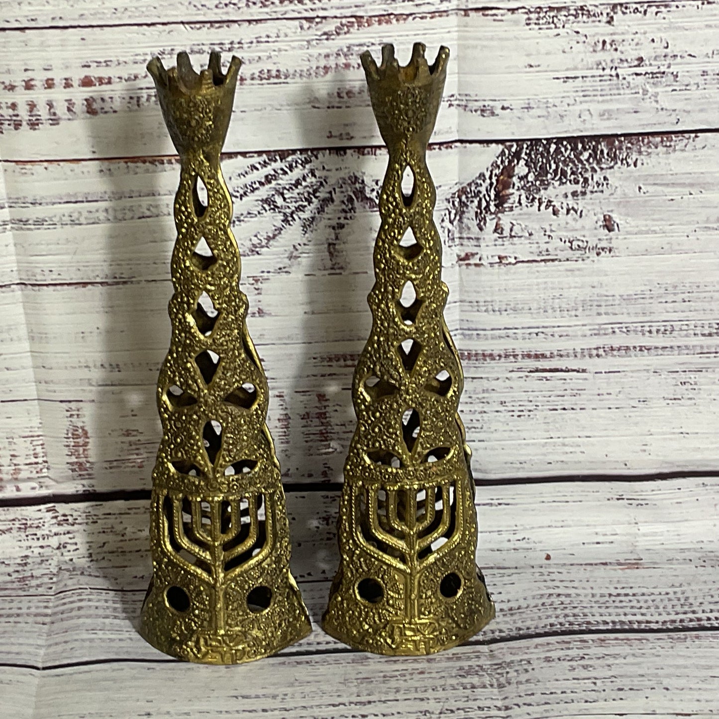 Pair of VTG. Brutalist Israel Judaica Brass Shabbat Candle Holders- 9.25"