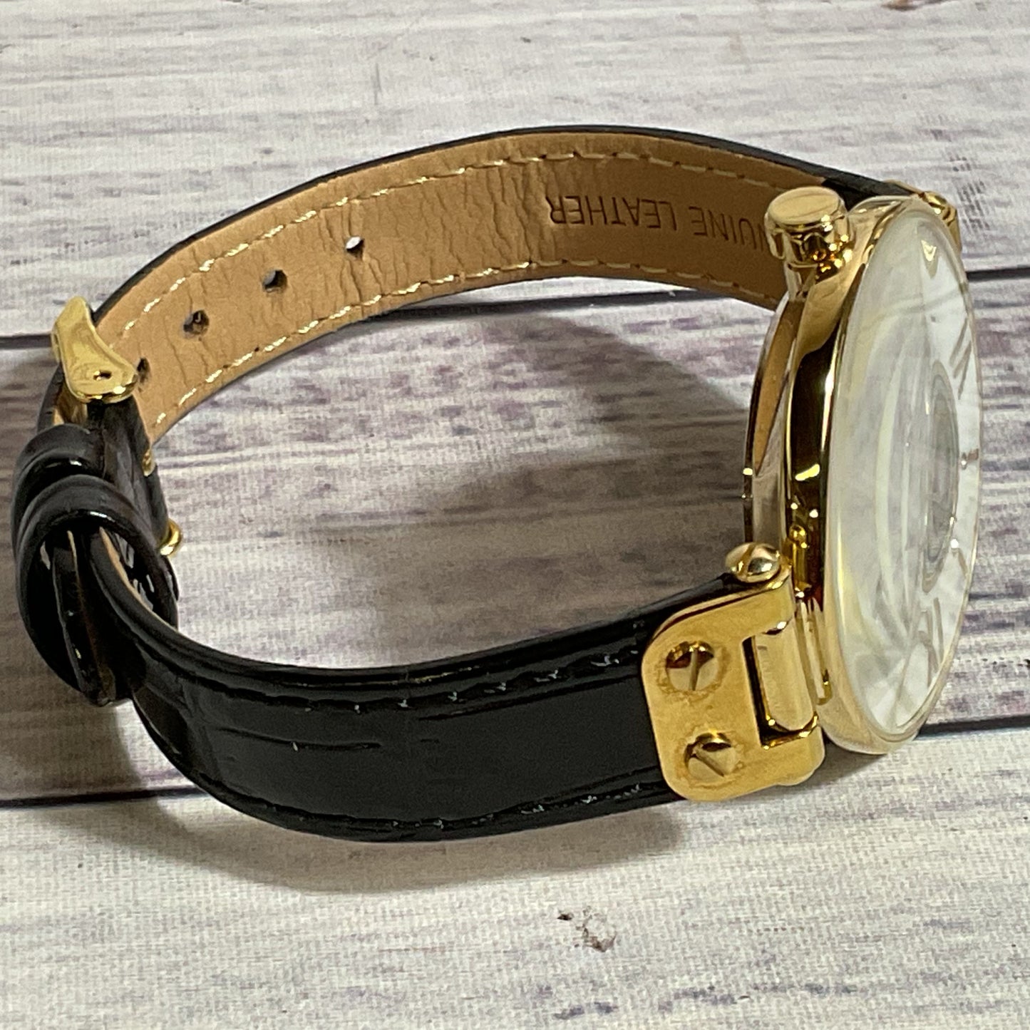 ANNE KLEIN AK3228 Women's Gold Tone Black Leather Embossed Band