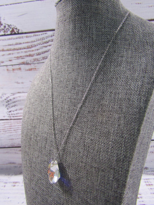 Sterling Silver Rolo Chain Aurora Borealis Crystal Pendant Necklace