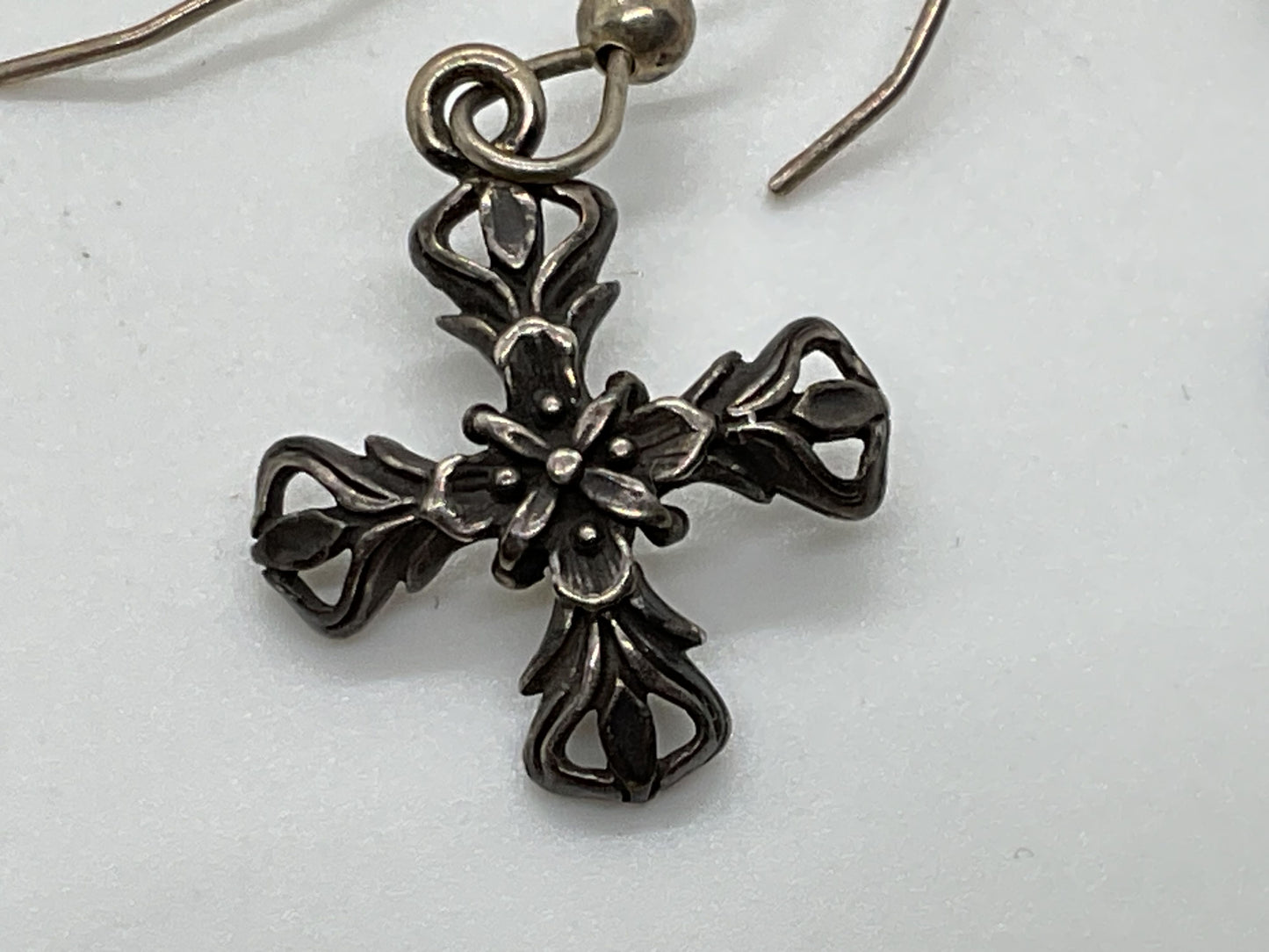 VTG. Sterling Silver Floral Repousse Cross 1.25" Dangle Earrings- 2.58g
