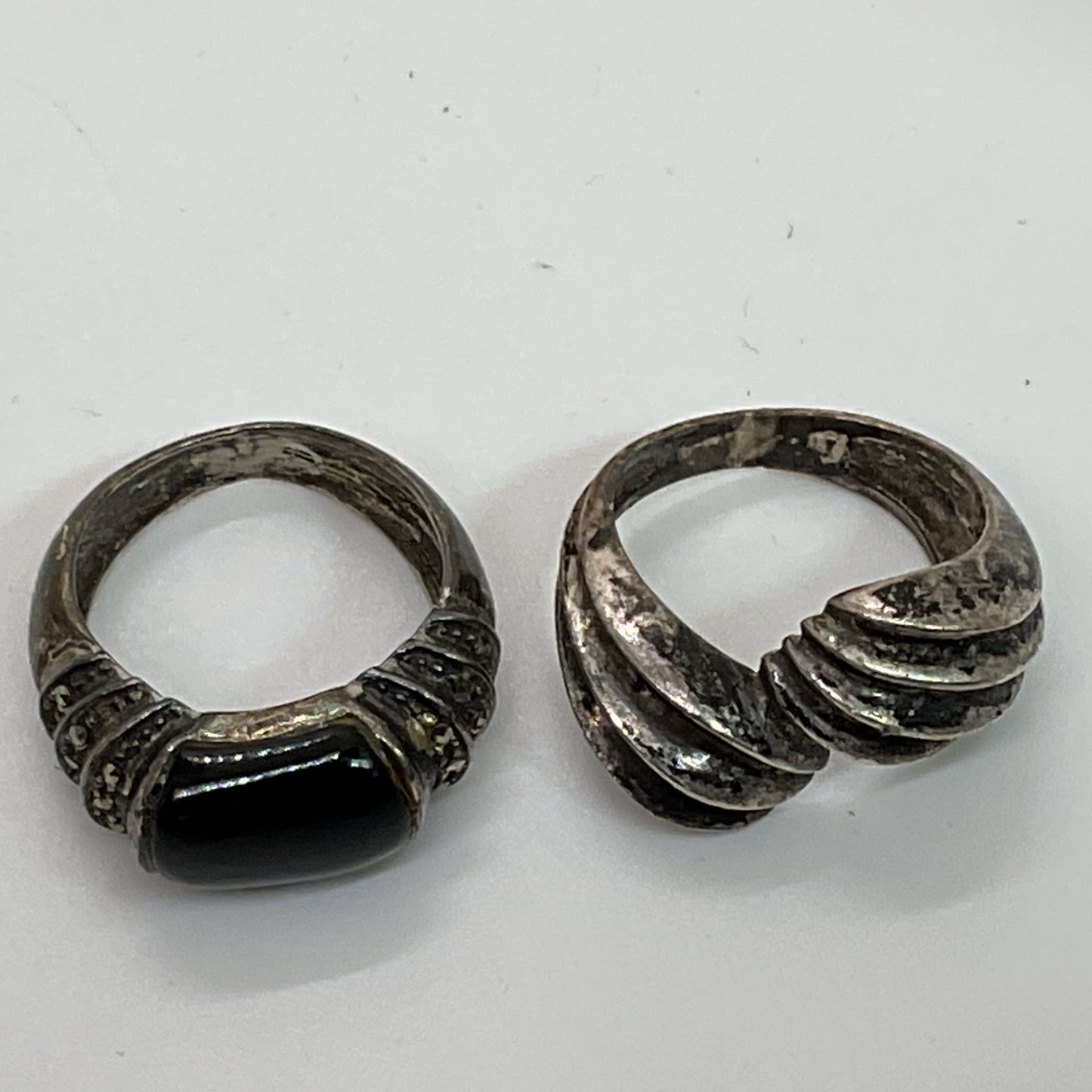 Set of 2 Sterling Silver Onyx & Marcasite SZ 6&7 Rings- 11.35g