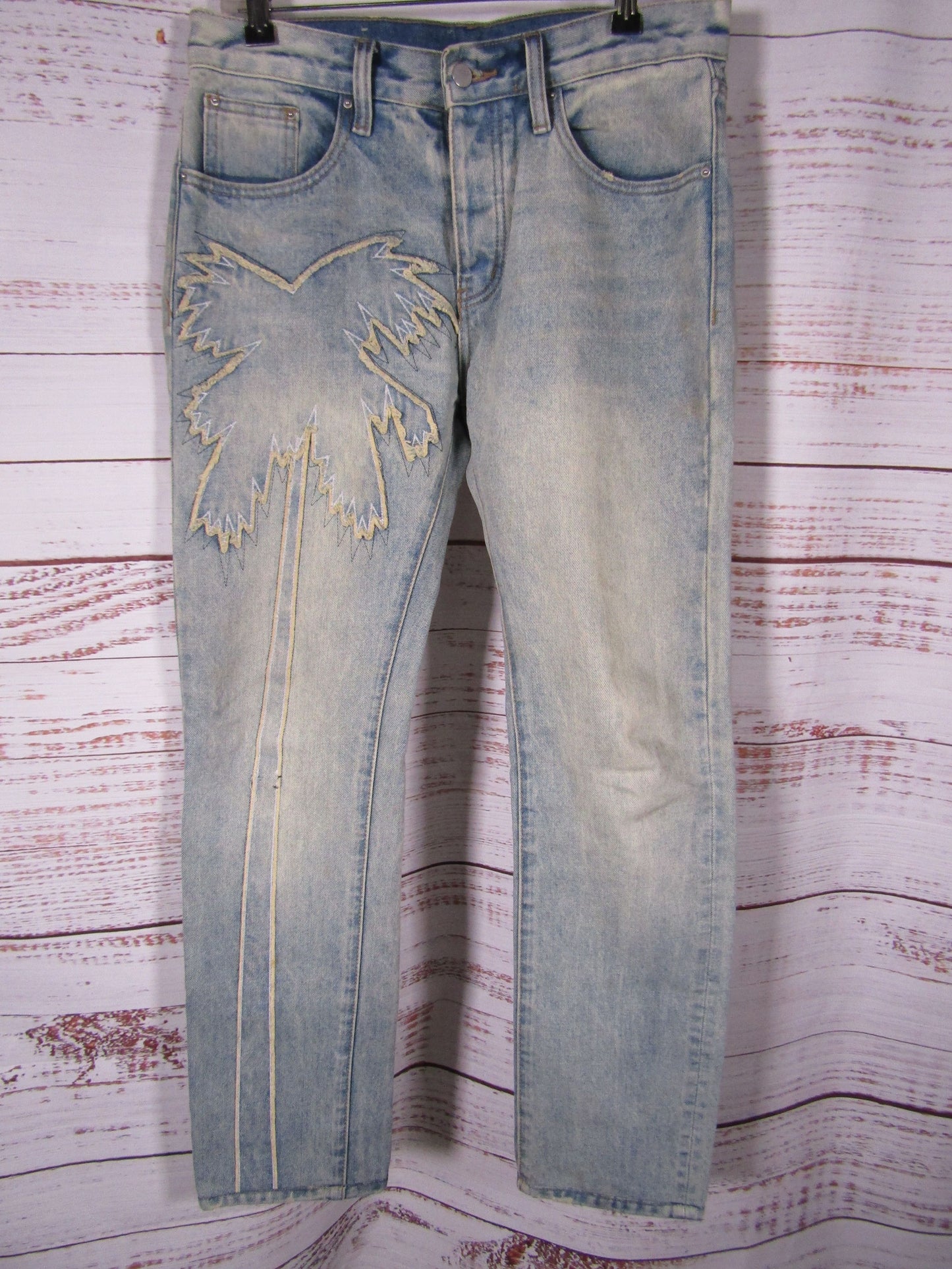 Mnml Men's Blue Palm Tree Embroidered Cotton Jeans Size 31