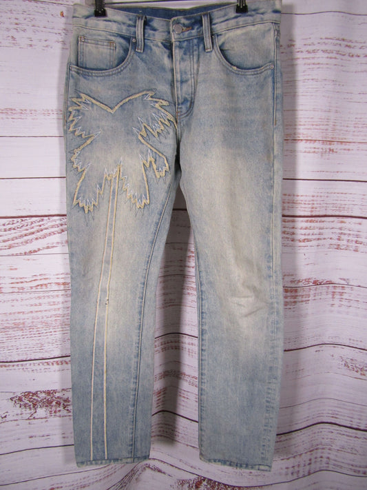 Mnml Men's Blue Palm Tree Embroidered Cotton Jeans Size 31