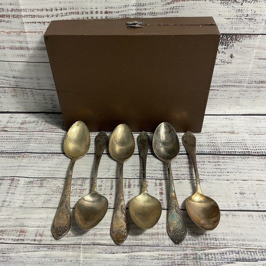 Lot Of 6 Russian MHU Silver Plate Soup Spoons w/ Brown Case