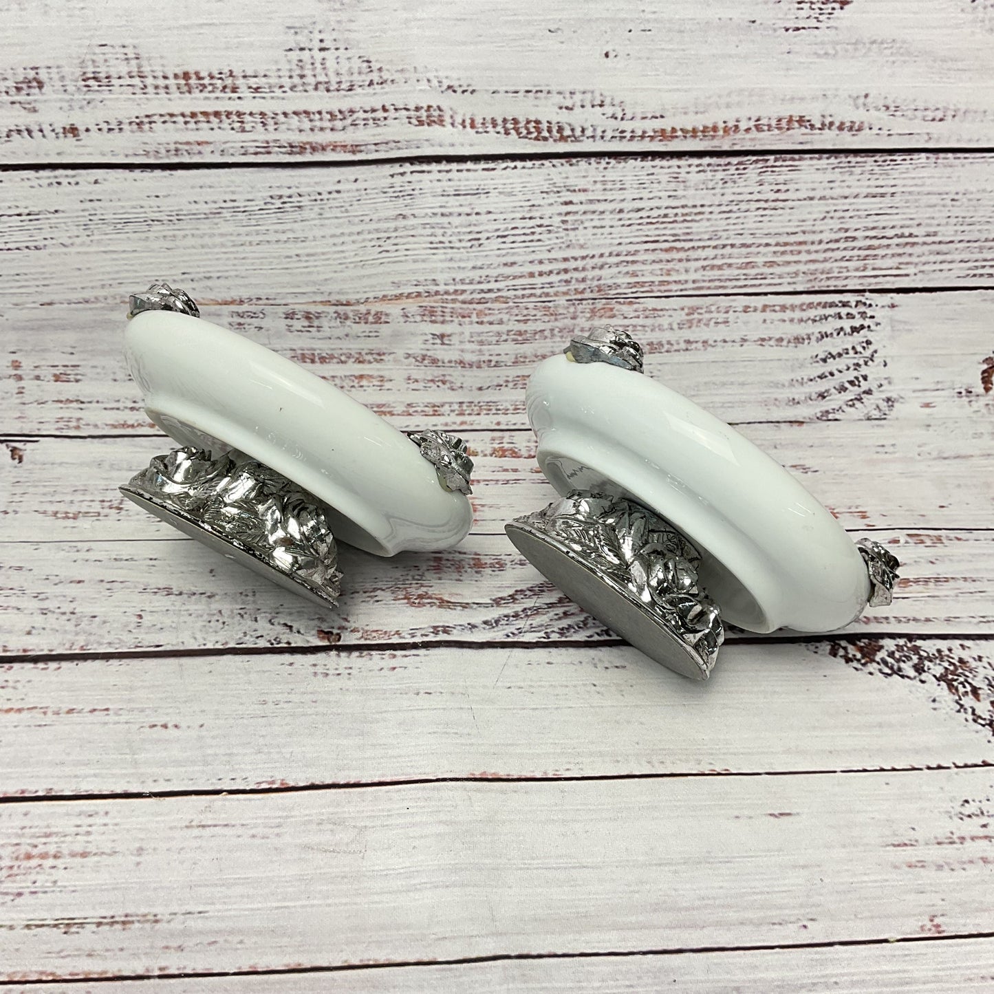 White Ceramic Silver Tone Roses Eden Candle Holders Pair of 2 Made in Italy