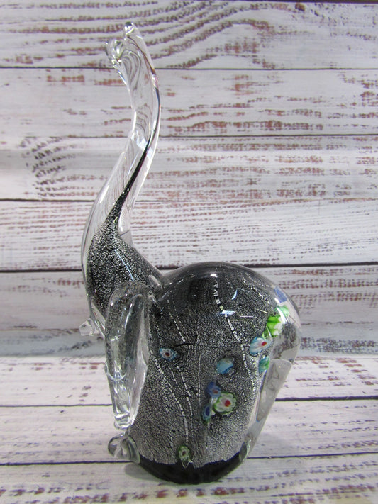 Hand Blown Silver Fleck Millefiori Murano Glass Elephant Figurine