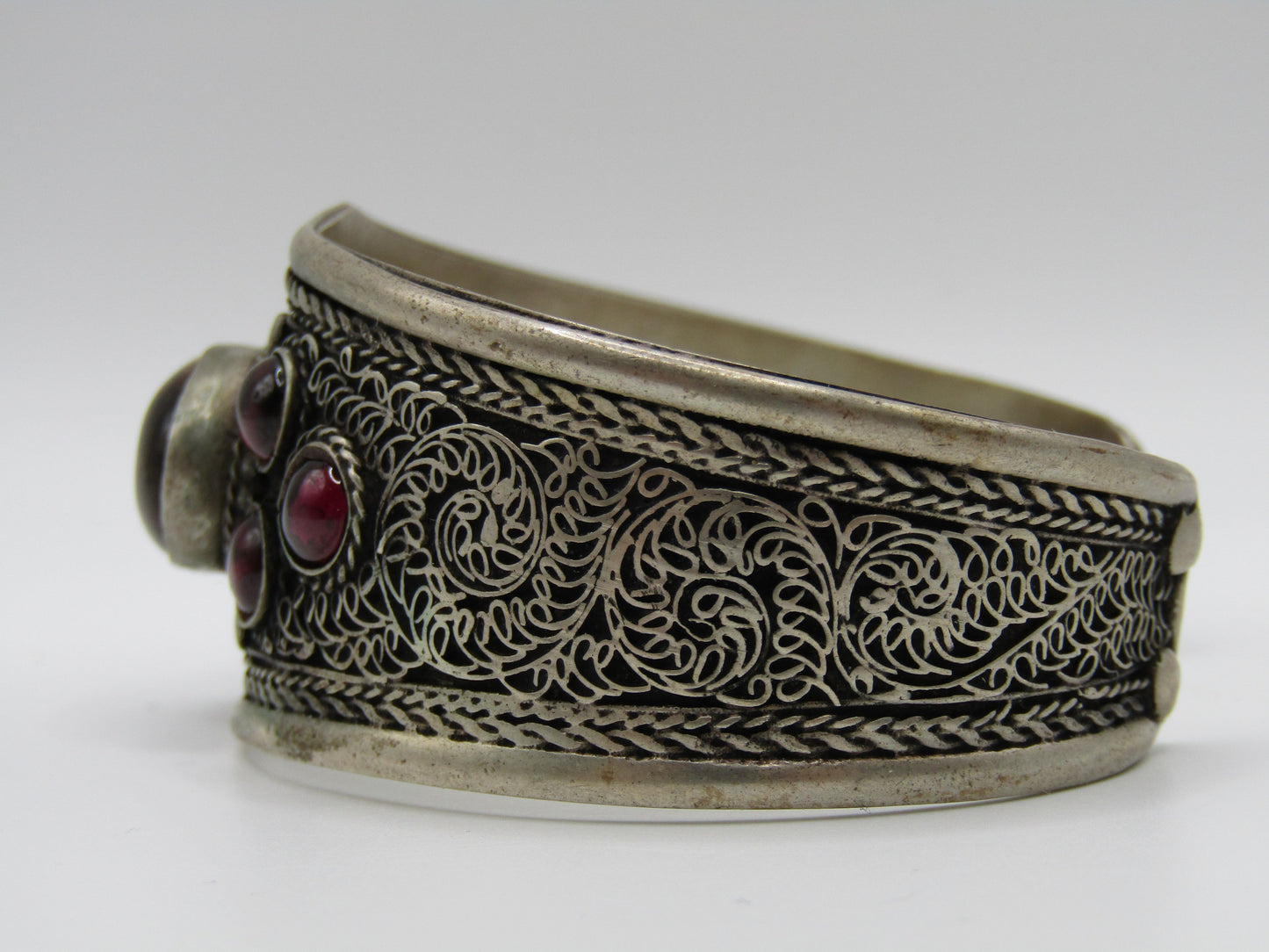 Handcrafted Tribal Silver Plated Tiger's Eye Rhodolite Garnet Cuff Bracelet