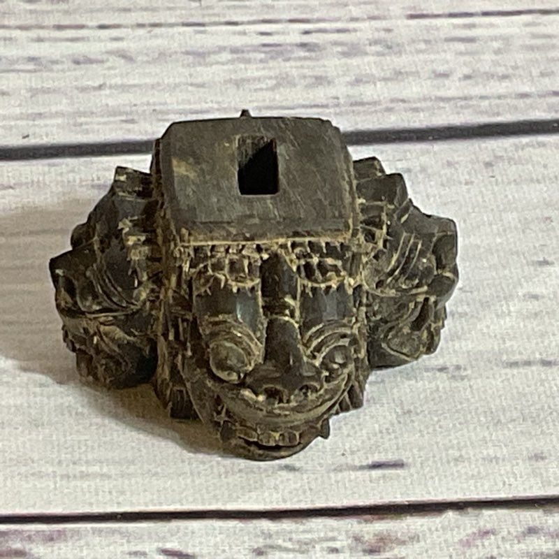 ANTIQUE Japanese Black Wood Carved Masks Figurine Display Stand- 1.25"