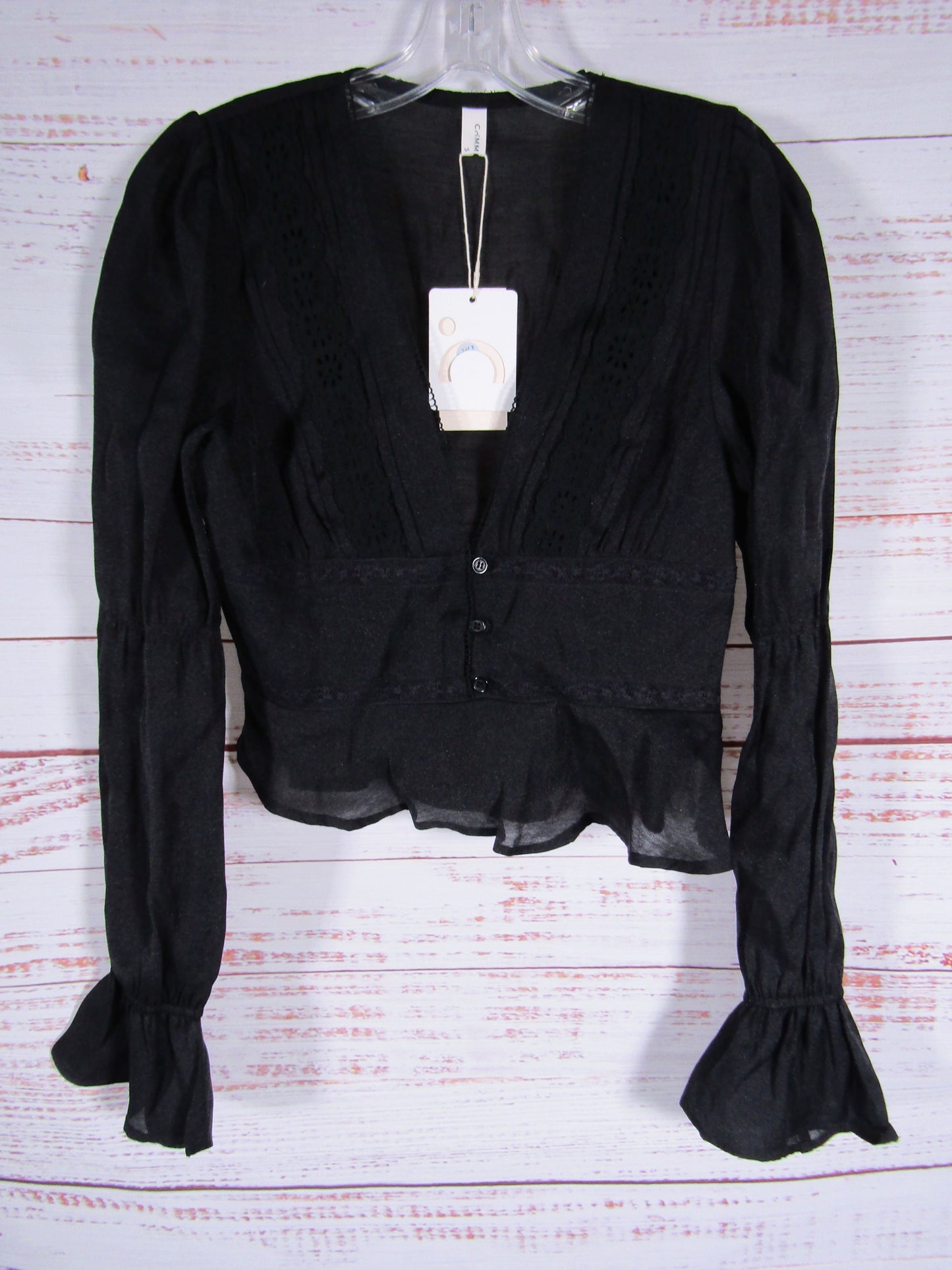Commense Women's Black Ruffle Sleeve Embroidered Blouse Size S