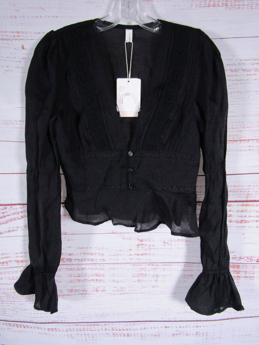 Commense Women's Black Ruffle Sleeve Embroidered Blouse Size S