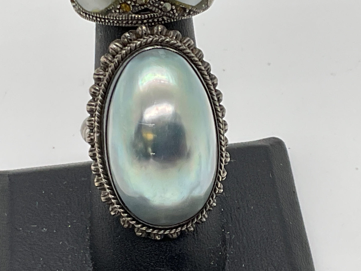 Set of 2 Sterling Silver Faux Pearl Abalone Marcasite SZ 8 Rings- 21.64g