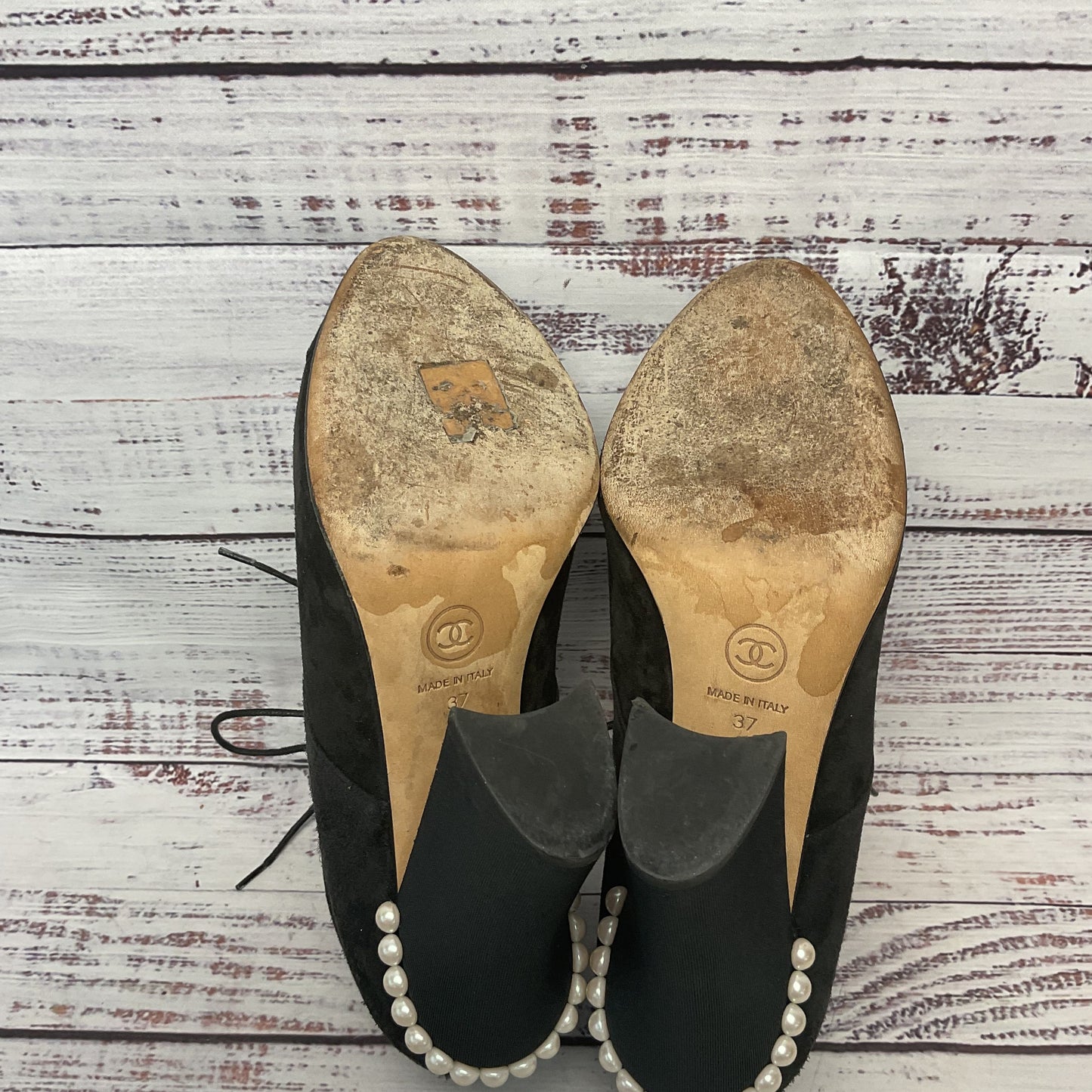 Chanel Black Suede Ankle Boot Heel Bootie Pearl Accent Women Size 6.5