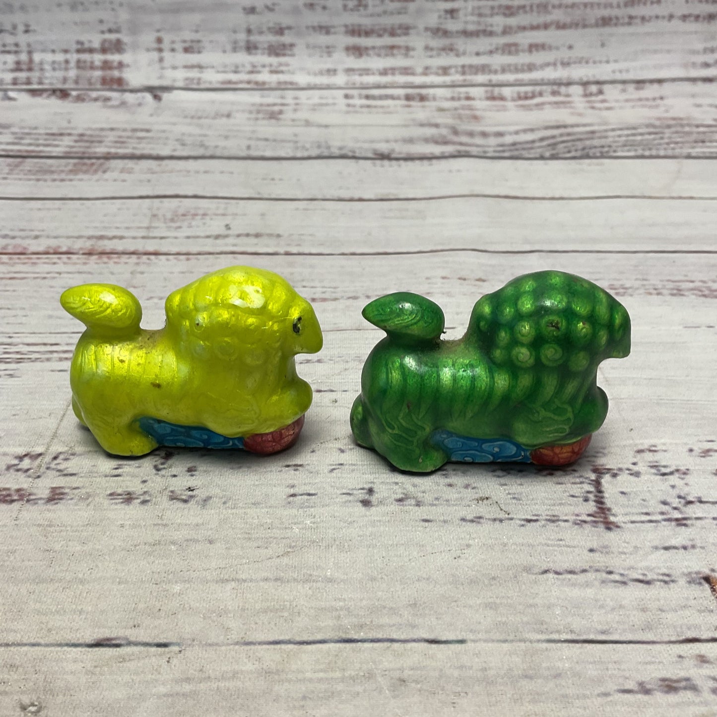Vintage Cloisonne Green & Yellow Enamel Foo Dogs Pair of 2