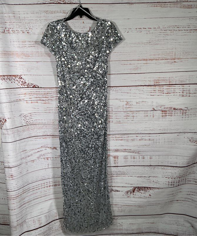 NWT Adrianna Papell Beaded Mesh Long Dress in Silver Size 2 Retail $329