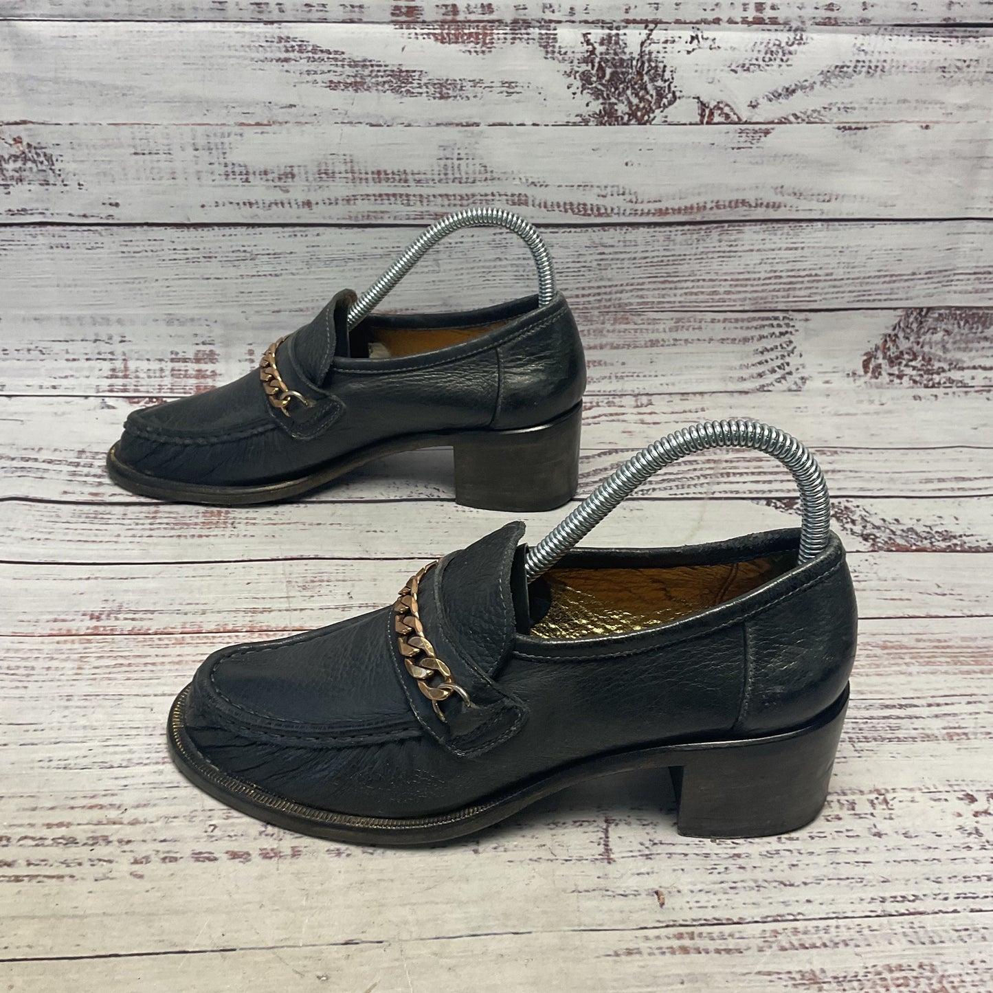 Silvano Sassetti Black Leather Cuban Chain Loafer Heel Women Size 7