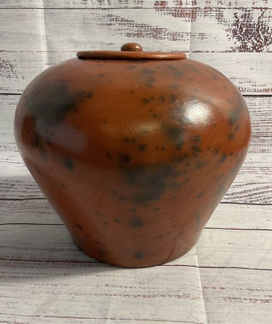 Vintage Sasak Pottery Earthenware Orange Black Jar/vase With Lid 6"