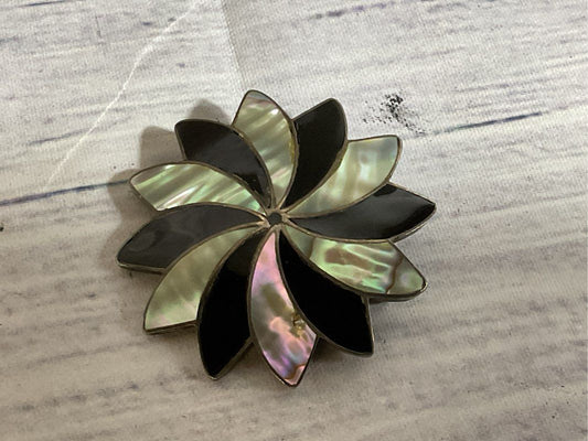 VTG. TAXCO Mexico Sterling Onyx & Abalone Inlay Pinwheel 1.75" Brooch- 9.37g