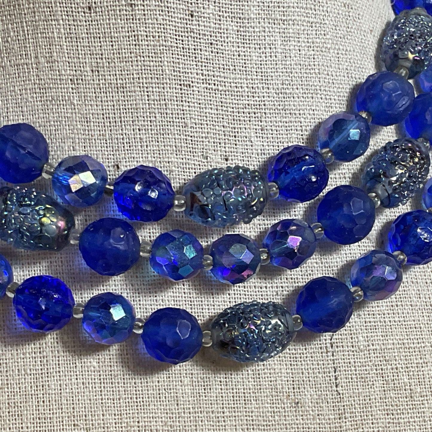 VTG. HENRY BOGOFF Blue Glass Beaded 3 Strand Necklace & Earring Set- 16"