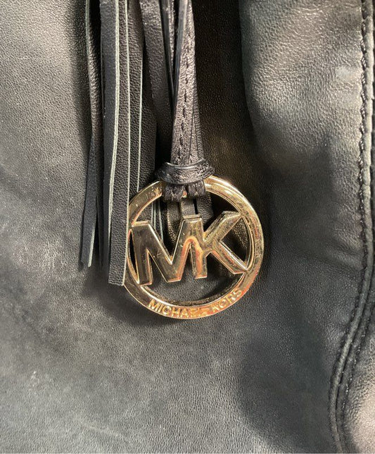 MICHAEL KORS ASTOR Black Pebbled Leather Tassel MK Ring Tote Shoulder Bag