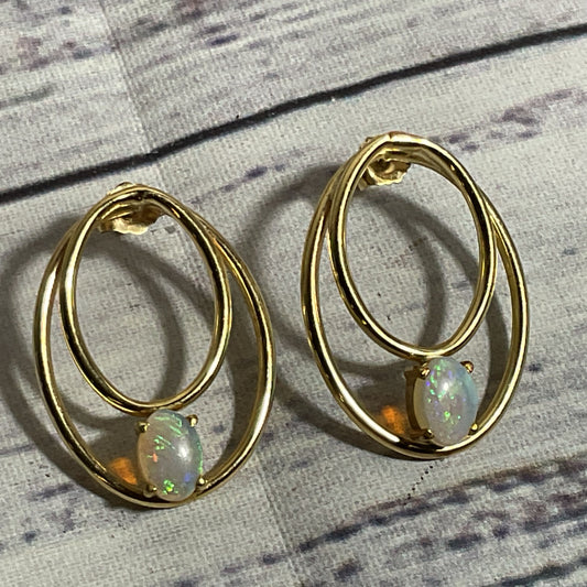 14K Yellow Gold & Opal 1" Oval Dangle Earrings- 2.89g