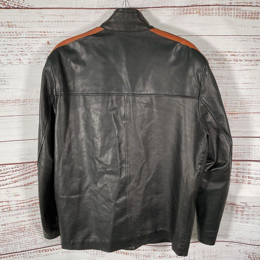 Vera Pelle Black Leather Brown Racing Stripe Full Zip Biker Jacket - Size 46