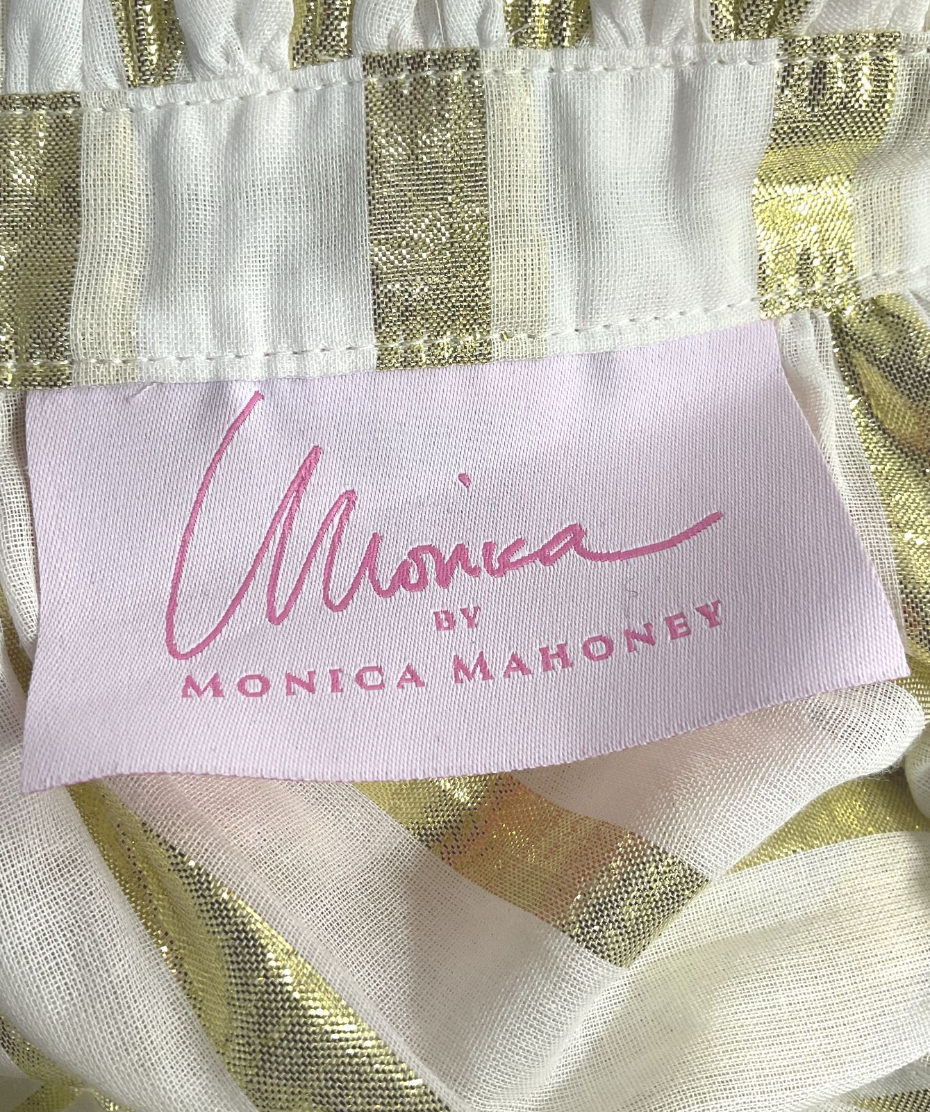 Monica Mahoney Ruffle Gauze Silky Metallic Stripes Blouse White Gold S