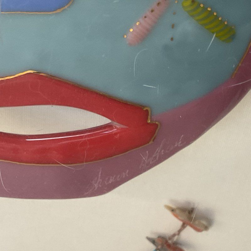 Signed SHAWN ATHARI Glass Mask with Feathers & Necklace with Shadowbox Display