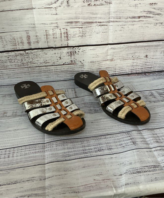 Women's Tory Burch Brown/silver Fisherman Mules Size 8.5 Retail $200