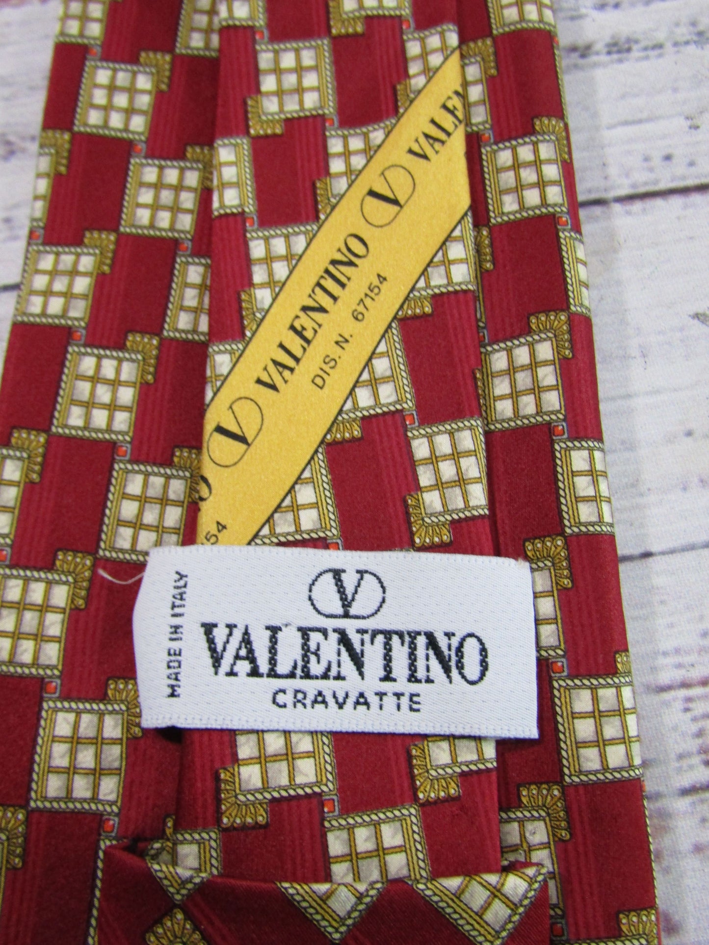 Vintage Valentino Red Silk Geometric Square Print Tie Made in Italy