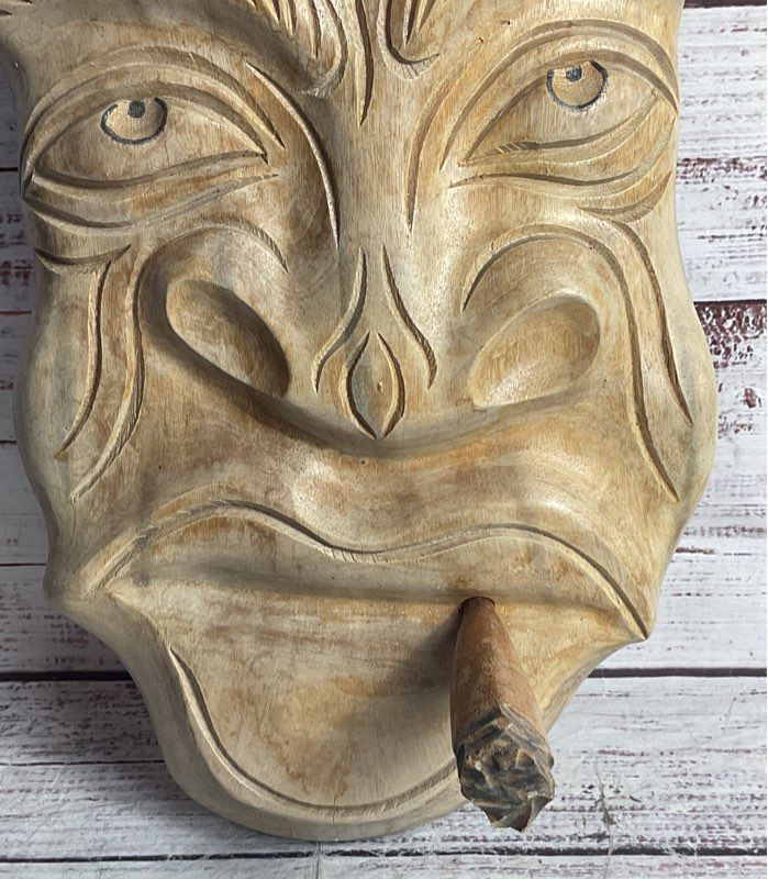 Vintage Hand Carved Cuba 16" Smoking Face Wall Mask Beige