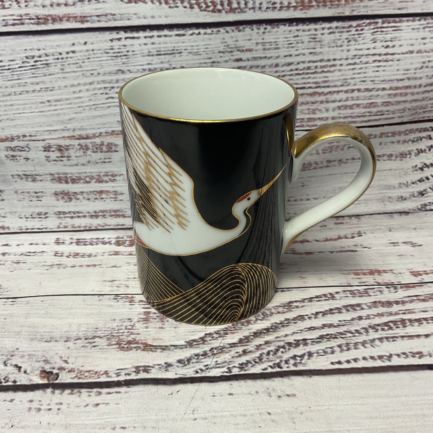 Fitz And Floyd Night Flight Crane Black And Gold Porcelain Ceramic Mug 4"