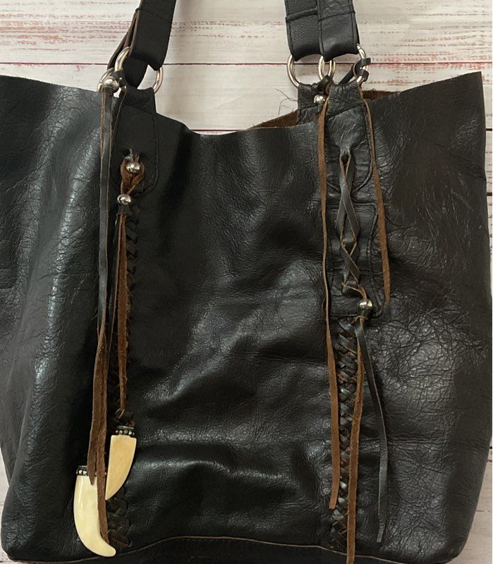 Anthropologie Raj Kangan Leather Shoulder Tote Bag Black
