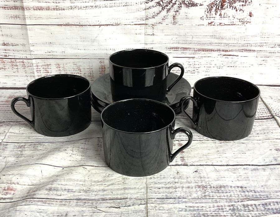 Fitz and Floyd Set 4 Coffee Mugs 3 Saucers Black
