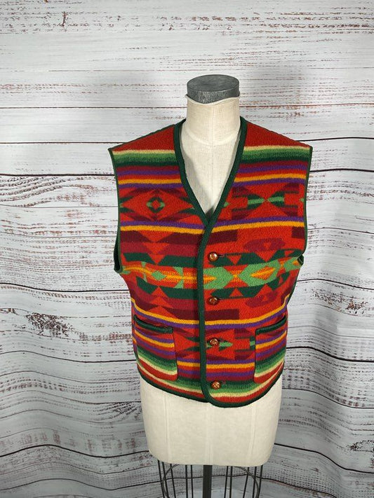 Vintage United Colors of Benetton Green & Multicolor Western Wool Vest - Size 50