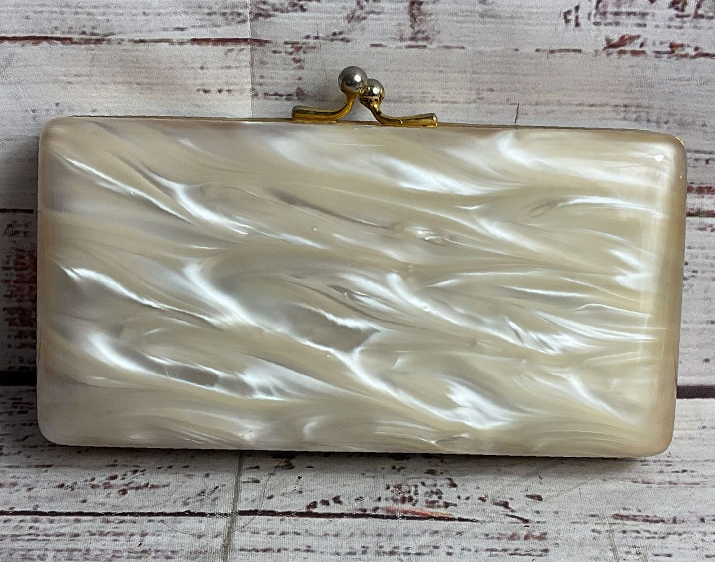 Vintage Lucite Make Up Carryall Compact Pearlescent White