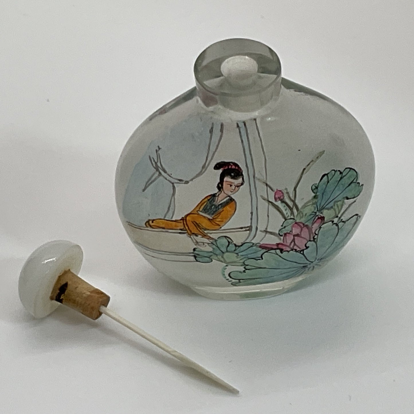 VTG./ANTIQUE Chinese Inside Reverse Painted Glass Snuff Bottle with Box- 2.5"