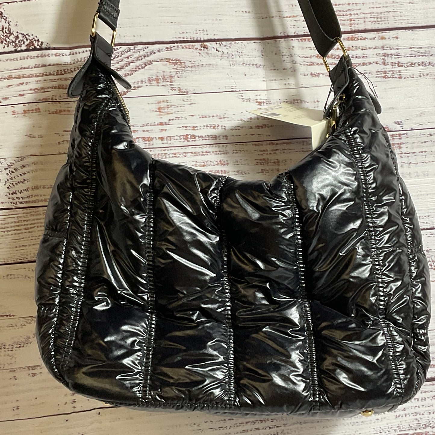 NWT ELLEN TRACY The Teagan Black Patent Puffer Quilted Nylon Hobo Crossbody