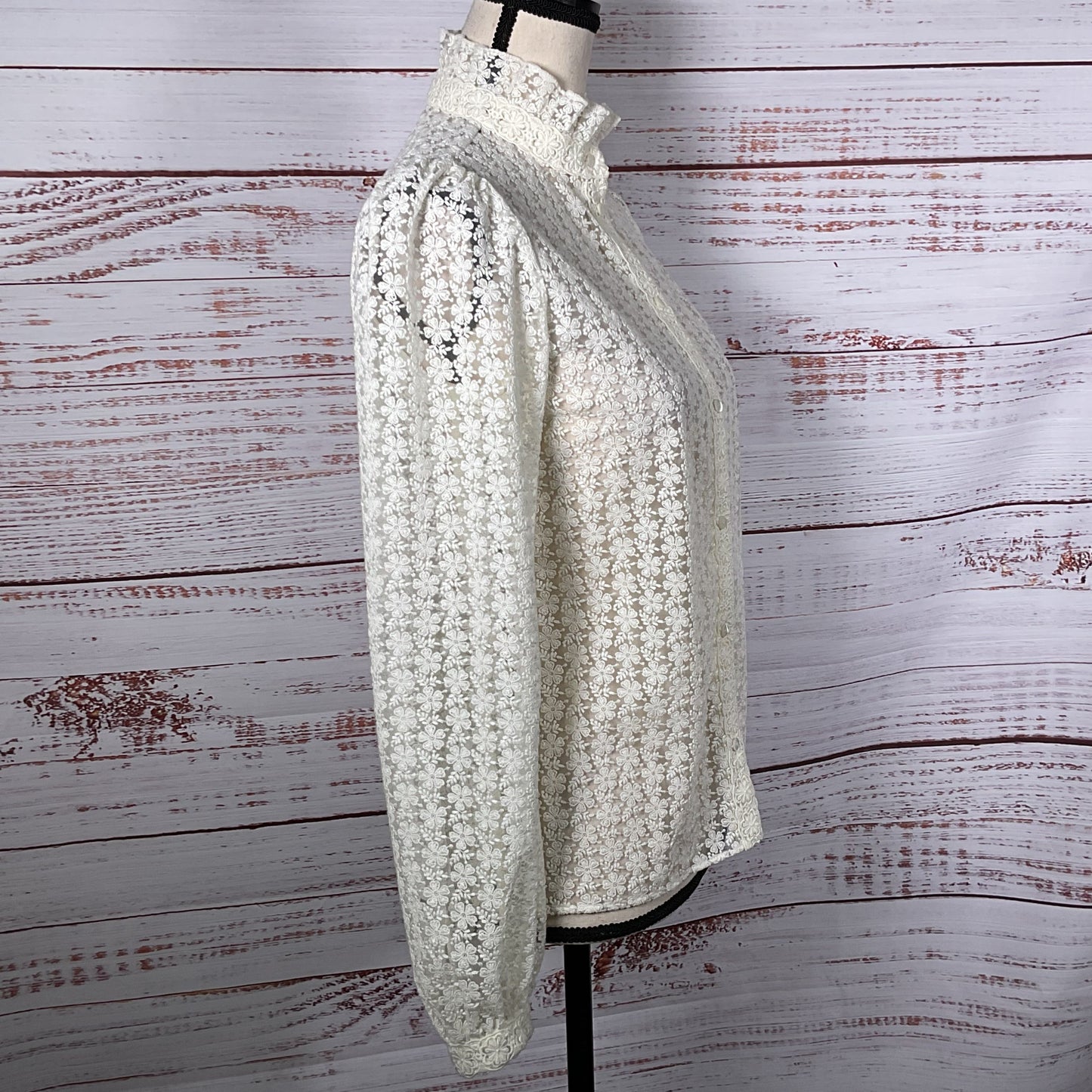 SEZANE Women's White Floral Lace Funnel Neck Long Sleeve Button-Up Blouse- SZ 34