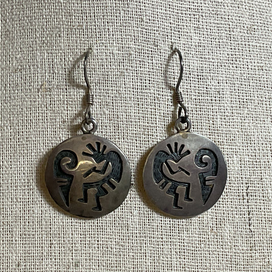 Signed VTG. Native Kokopelli Sterling Silver Dangle 1.75" Earrings- 11.38g