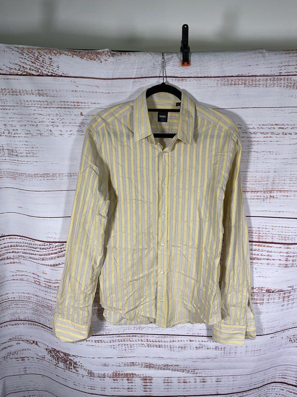 Hugo Boss Slim Fit Yellow & Gray Striped Long Sleeve Button Shirt Size M