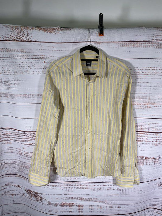 Hugo Boss Slim Fit Yellow & Gray Striped Long Sleeve Button Shirt Size M