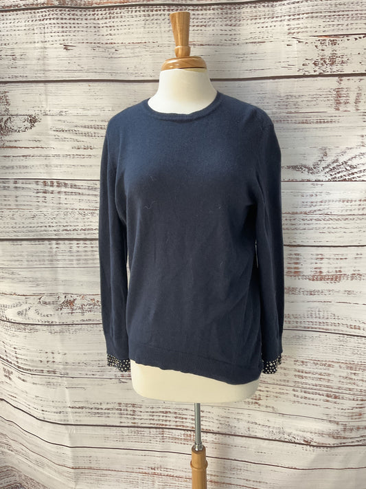 Autumn Cashmere Blue Knit Rhinestone Jeweled Cuff Crew Neck Sweater Size L