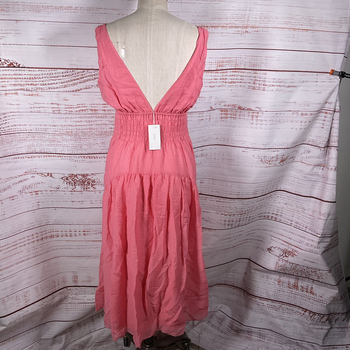NWT VINCE. V-Neck V-Back Smocked Pink Midi Dress- SZ S