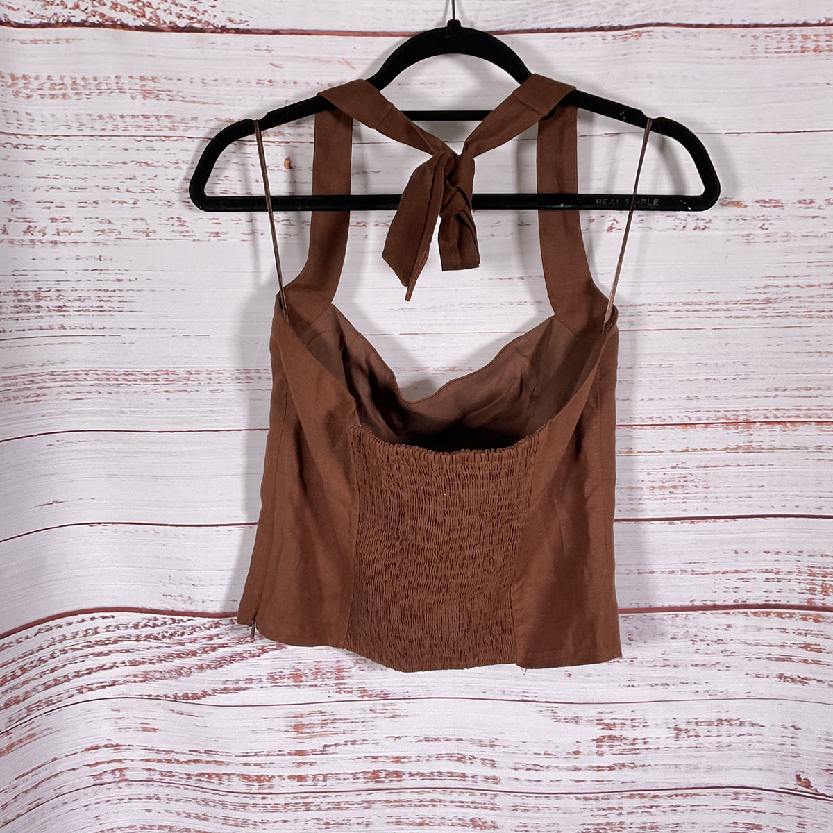Reformation Malika Brown Linen Back Tie Side Zip Top - Size 8