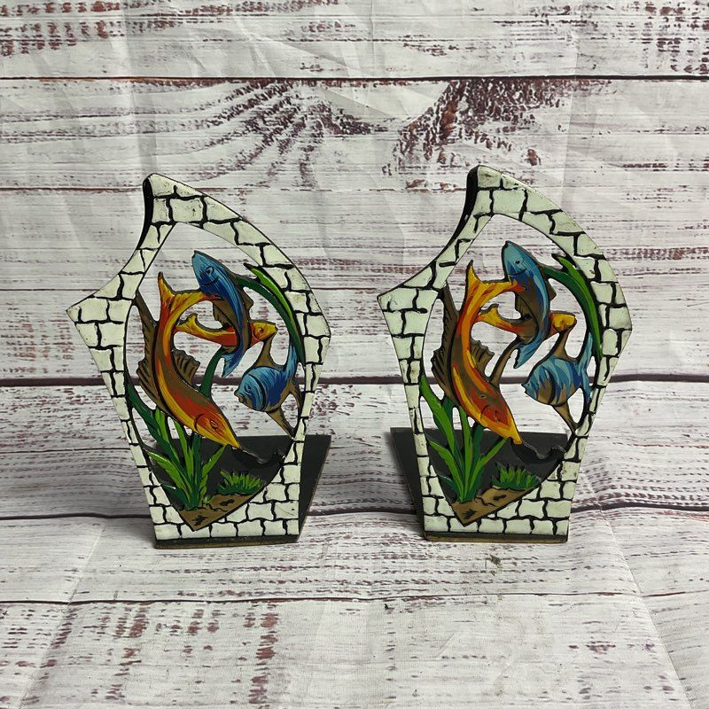 Brass & Enamel Fish Swimming 6" Bookend Set Made In Israel